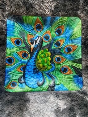 Pier 1 Imports Embossed Peacock Glass Serving Platter/Decorative Tray